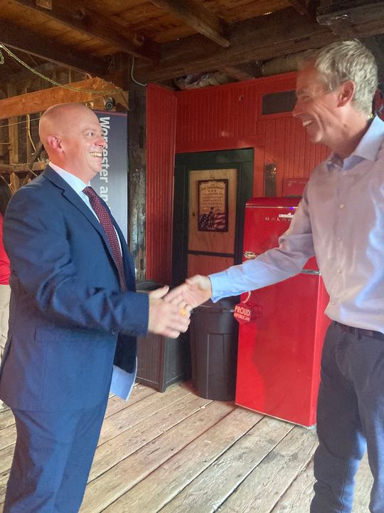 Josh greeting a supporter at the Kendall Tavern kickoff
