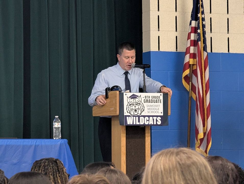 Josh at the podium at the Samoset Middle School promotion ceremony
